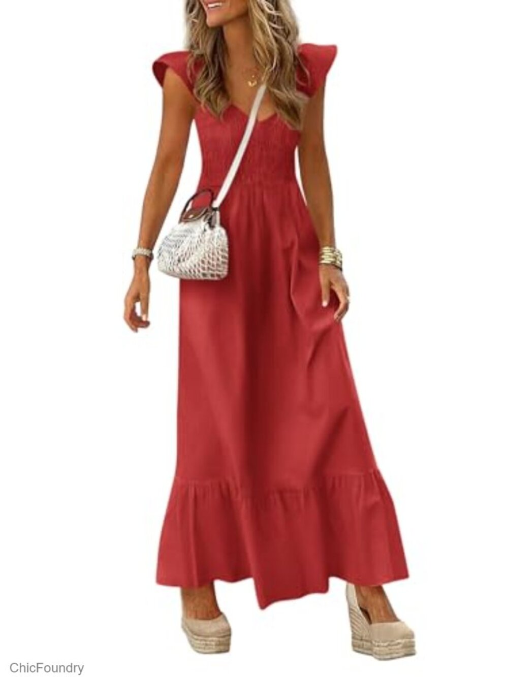 Women's Smocked Maxi Sun Dress Cap Sleeve V-Neck A-Line Ruffle Hem